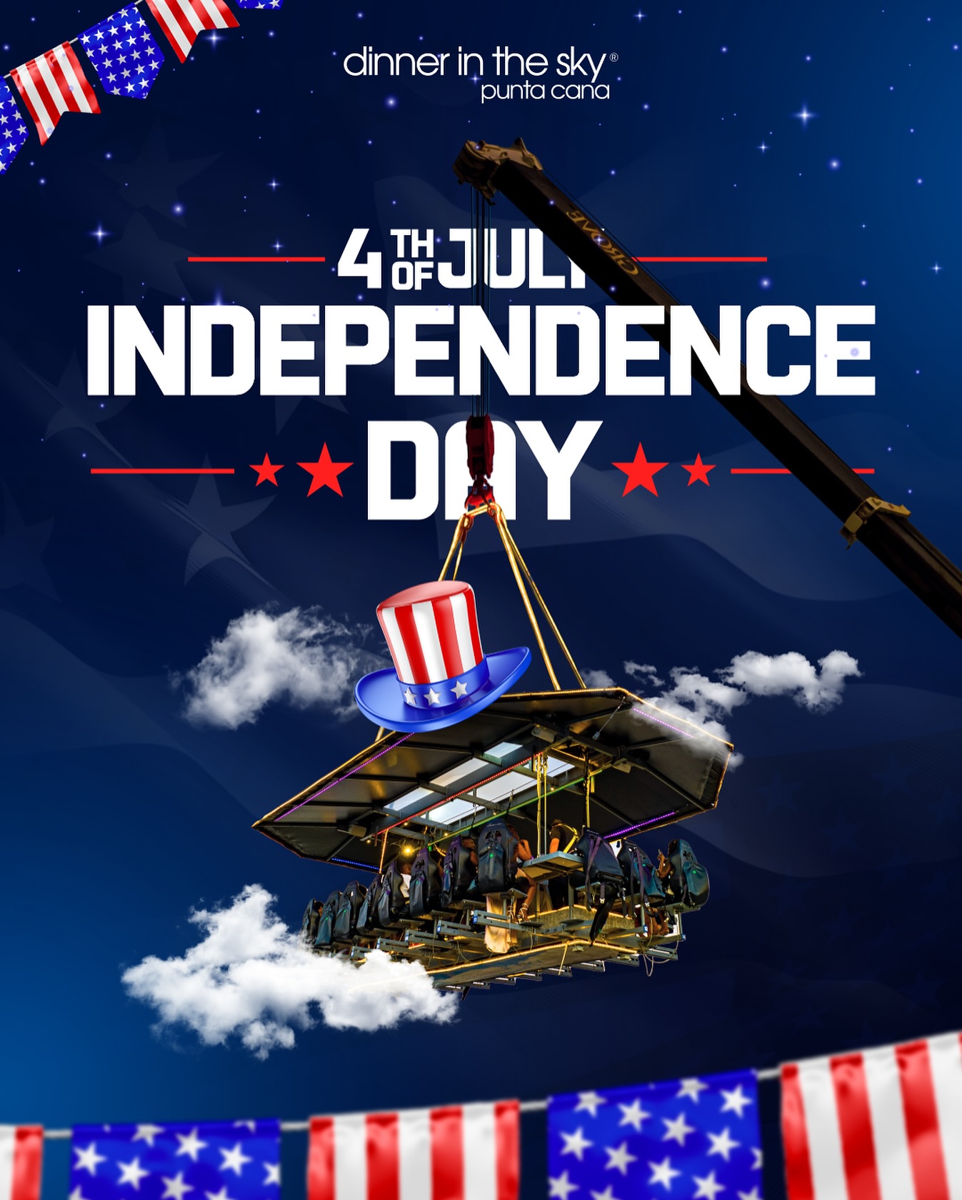 🇺🇸✨ ¡Feliz Día de la Independencia!
Desde Dinner in the Sky Punta Cana les deseamos un 4 de julio lleno de libertad, alegría y momentos inolvidables.
¡Que celebren en grande y que la vista (y la vida) siempre sea espectacular! 💙❤️🤍

⸻

🇺🇸✨ Happy Independence Day!
From Dinner in the Sky Punta Cana, we wish you a 4th of July full of freedom, joy, and unforgettable moments.
Celebrate big—and may your view (and your life) always be spectacular! 💙❤️🤍